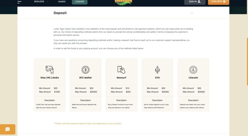 Lucky Tiger Casino Payments