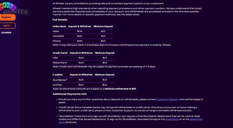 Wheelz Ontario casino payment options