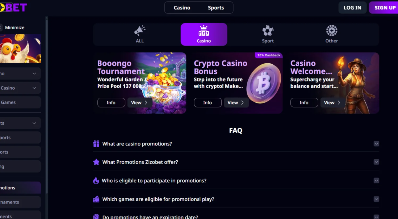 Zizobet Casino Bonuses