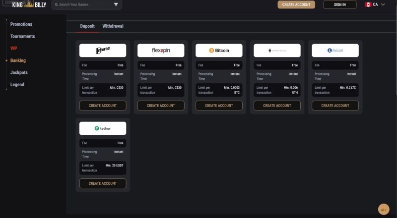 KingBilly Casino Banking Options
